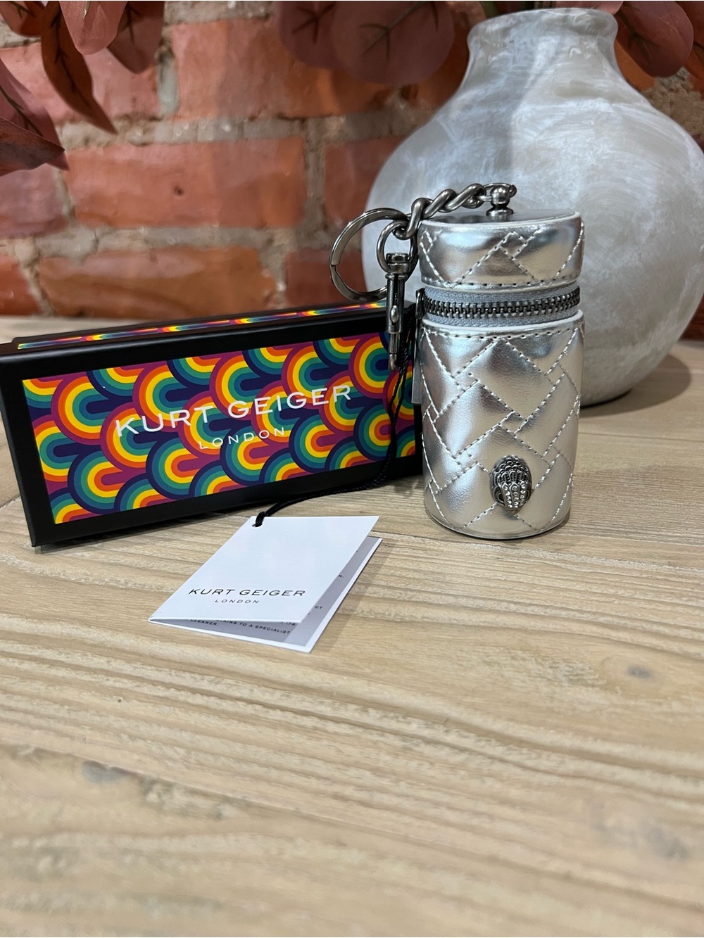 NWT Kurt Geiger Kensington Silver Quilted Lipstick Case Bag Charm